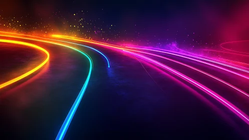 Curved neon light trails on dark reflective surface.