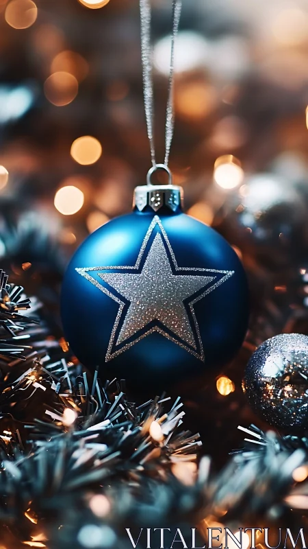 Blue star ornament amid silver tinsel and warm bokeh light.