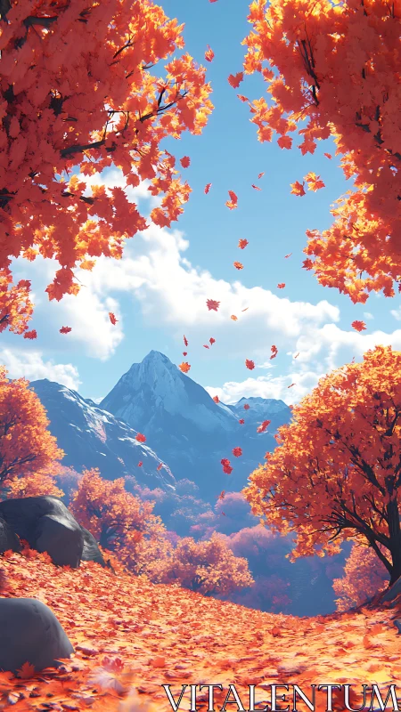Autumn alpine valley with vibrant foliage and drifting leaves.