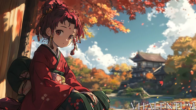 Autumn shrine daydreamer in crimson kimono hushes time.