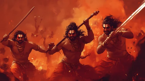 Three mythic warriors charge forward through intense flames