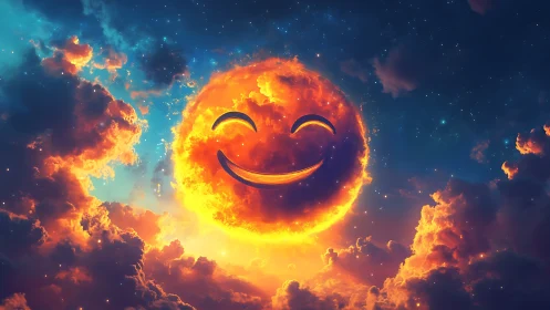 Smiling fiery sun amid swirling nebula cloudscape at dusk.