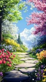 Spring stone path through vivid flower garden in sunlight.