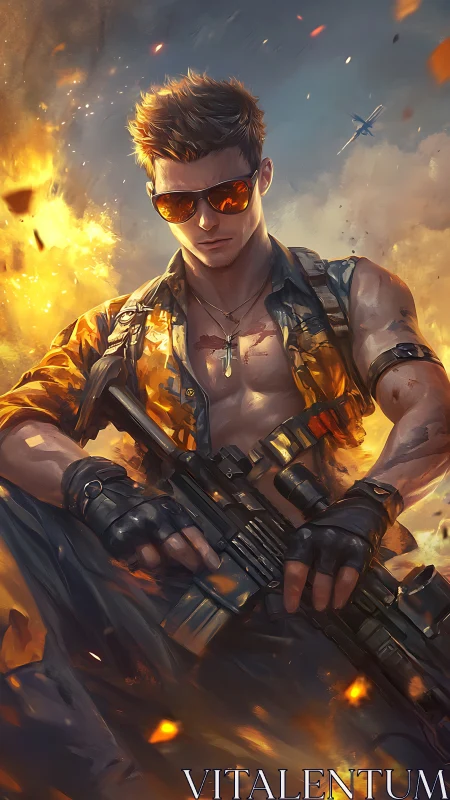 Armed action hero in explosive battlefield rendered as dynamic digital painting