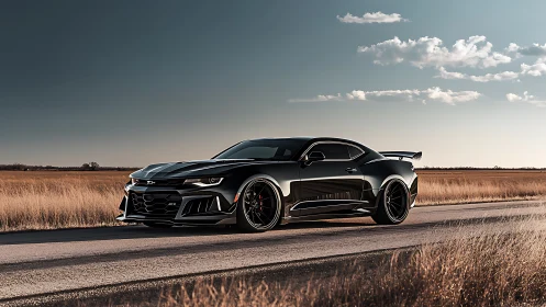 Black widebody track-spec muscle coupe on rural highway at dusk