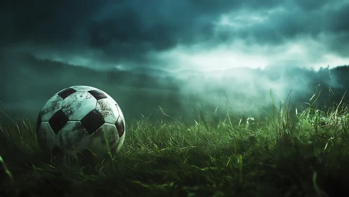 Weathered soccer ball in misty green field at dusk.