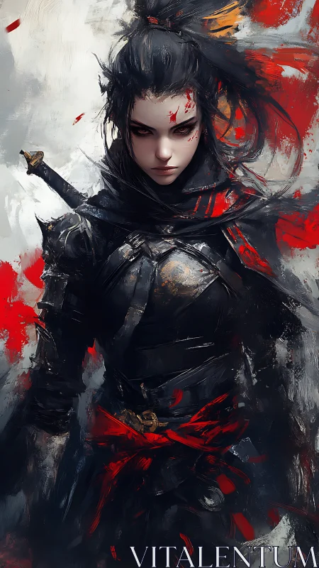 Fierce red-ribbon warrior framed in swirling storm colors.