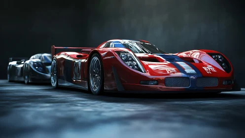 Red endurance prototype car in low light studio setting.