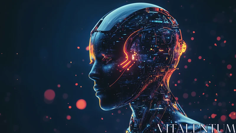 Side profile of illuminated humanoid robot with circuits