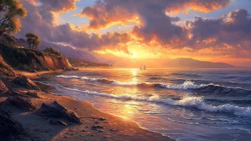 Sunlit surf kisses a copper shore beneath blazing clouds.