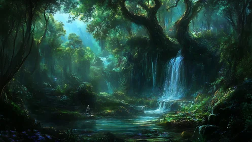 Enchanted Forest Waterfall Canyon with Luminescent Canopy.