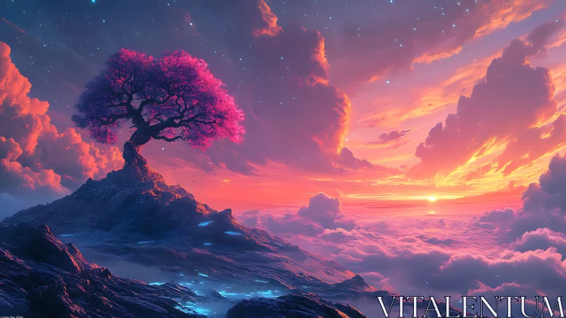Digital painting of luminous pink tree above celestial cloud sea.