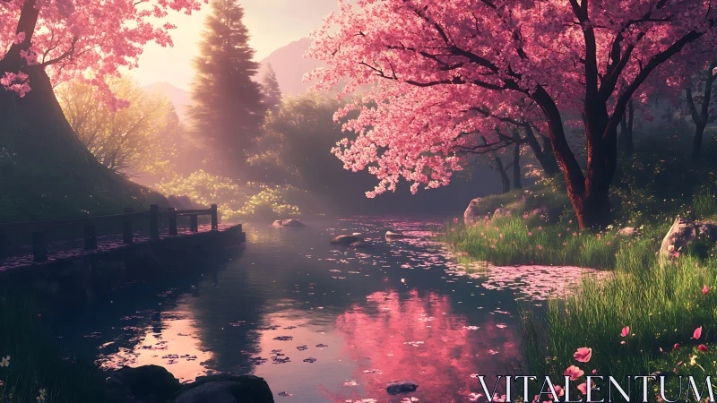 Softly lit riverside cherry grove renders atmospheric bloom