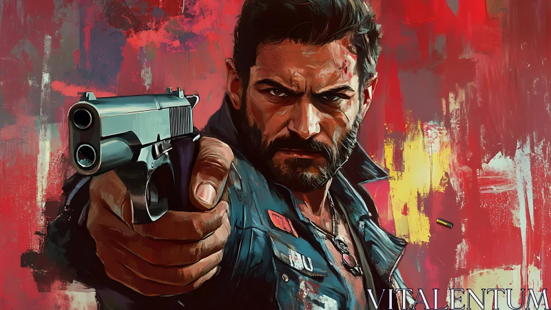 Gritty hero stares you down in a bold red action portrait.