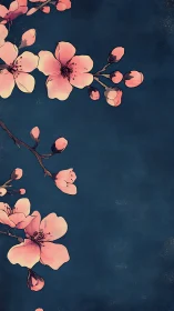 Delicate Cherry Blossoms Against Deep Indigo Background with Botanical Precision