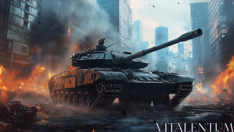Main battle tank in burning high rise urban street scene.