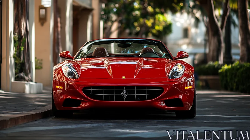 Red Ferrari convertible poised on elegant city street.