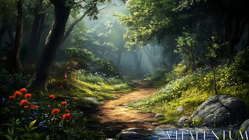 Forest pathway with directional lighting through canopy.