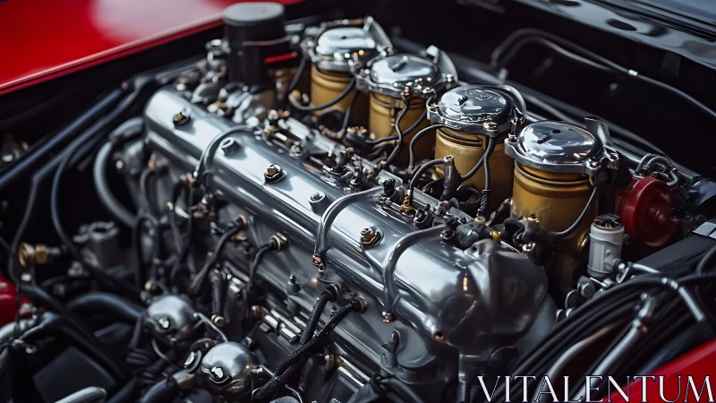 Classic sports car engine with polished inline configuration.