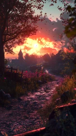 Sunlit country lane gently winding toward a quiet village