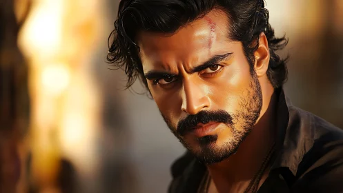 Close portrait shows man with facial scar under warm lighting