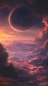 Gentle twilight planet above glowing cloud kingdoms.