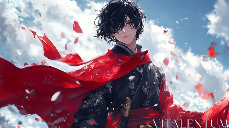 Red-scarfed samurai youth stands against dynamic cloudscape