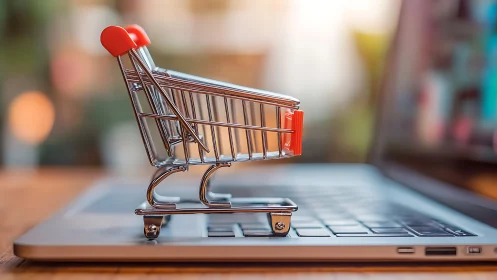 Mini shopping cart on laptop keyboard symbolizes online retail.