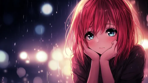 Softly glowing rainy evening with a thoughtful anime girl.