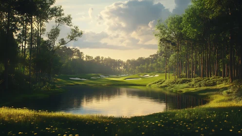 Lakeside golf course under soft evening forest light.