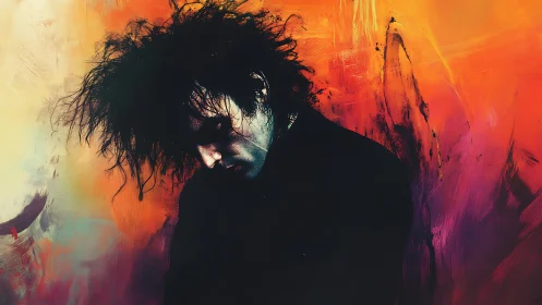 Melancholic figure against high-saturation abstract chromatic field