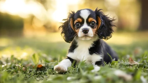 Small tricolor puppy lies on grass in shallow depth field