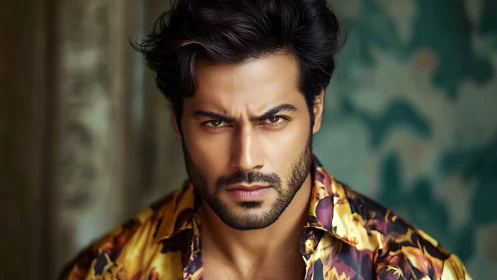 Smoldering gaze in tropical silk, carved by soft shadows.