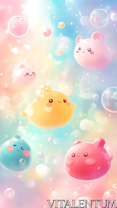 Spherical pastel creatures float among translucent bubbles
