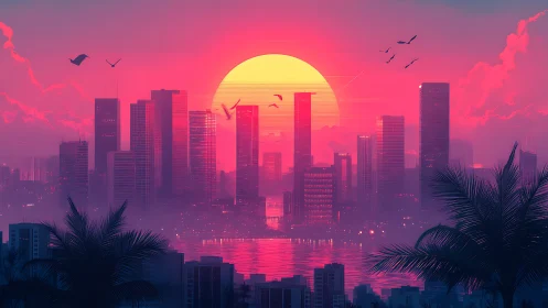 Neon sunset city skyline wrapped in dreamy coastal glow.