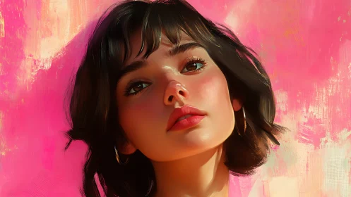 Soft gaze of a young woman glows against vivid pink light