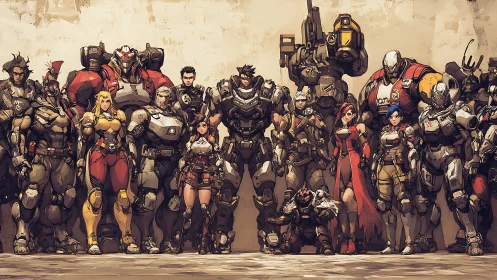 Heavily armored sci fi hero lineup with exosuits and mechs