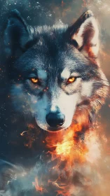 Fiery-eyed wolf portrait emerging through swirling flames.