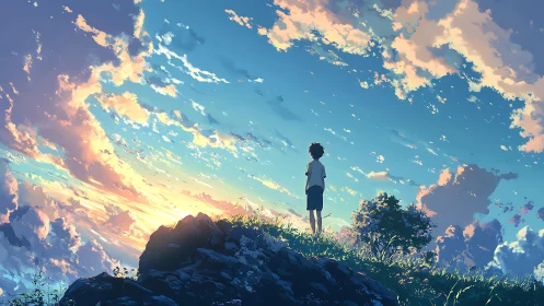Boy watches glowing sunset sky from a windswept hilltop