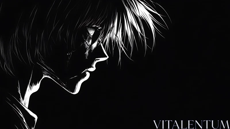 Brooding anime profile emerges from stark monochrome shadows.