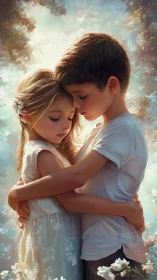 Two children embracing in ethereal light.