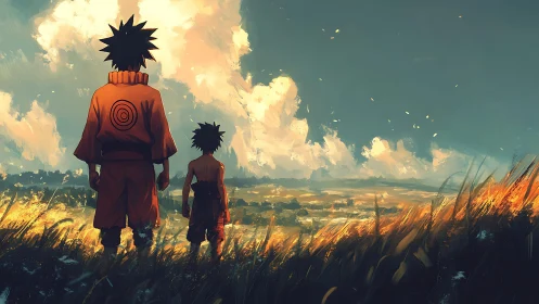 Two orange-clad wanderers overlooking sunlit valley vista.