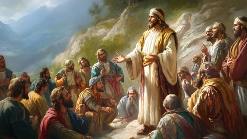 Messianic teacher addressing disciples on sunlit rocky hillside