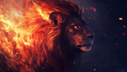 Fiery lion profile engulfed in blazing inferno light.