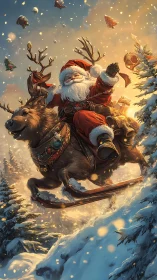 Kinetic Santa descent on antlered sled-beast amid auroral snowfield.