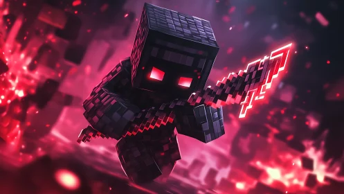 Pixel warrior lunges through glowing red digital chaos.