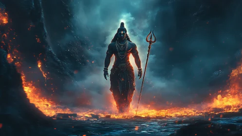 Divine warrior strides through molten fire in stormy chasm