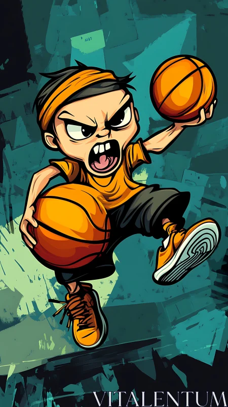 Fiery cartoon baller leaps forward with bold urban energy