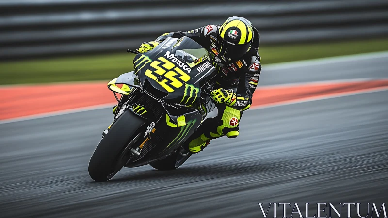 Neon racer knifes through wet tarmac in high-speed tilt.