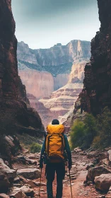 Vertical canyon trek with backpacker in photoreal focus.